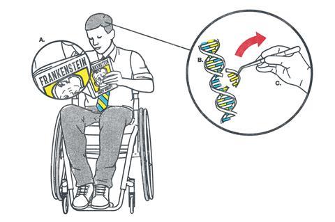 A student in a wheelchair reading Frankenstein while thinking about gene editing