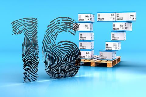 A fingerprint in the shape of a number 16 and boxes of vaccine stacked in the shape of a number 17