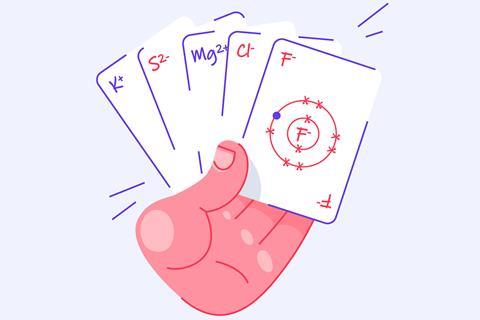 Une main tenant des cartes à jouer montrant des ions