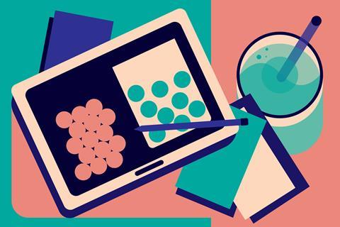 A tablet computer showing different states of matter and a beaker of water