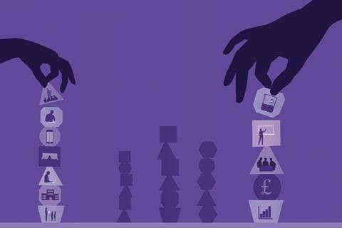 An illustration of hands delicately building towers out of shaped blocks that feature images of various aspects of teaching chemistry such as instruction, finances, safety, practicals.