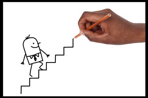 An image showing a hand drawing a staircase and a cartoon figure going up