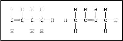 Two chemical structures for butene showing that the double bond can be between the first and second carbon in the chain or the second and third.