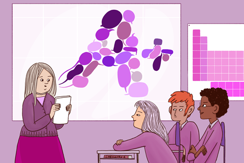 A graphic image showing a female teacher providing feedback to three students; speech bubbles representing comments can be seen hovering above her, and they are forming the letter A+