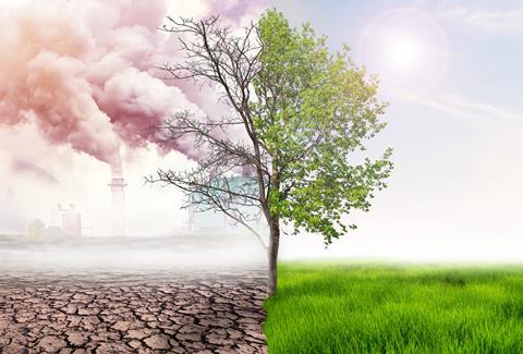 split image demonstrating NO2 pollution: dry earth, urban skyline with smoking chimneys and dying tree, then tree in leaf, with lush green grass and sun in sky