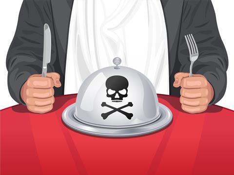 An illustration of a man wearing a white napkin (head out of shot) with a knife and fork sitting down to a plate with a skull and crossbones on, warning of toxic foods