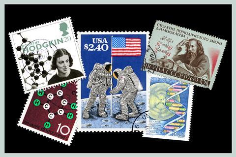 An image showing stamps corresponding to great scientific leaps