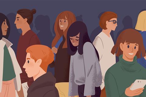 An illustration of a sad-looking girl in a crowd 