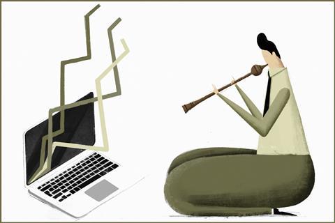 An illustration of a man using a pipe to tame graphs on his computer