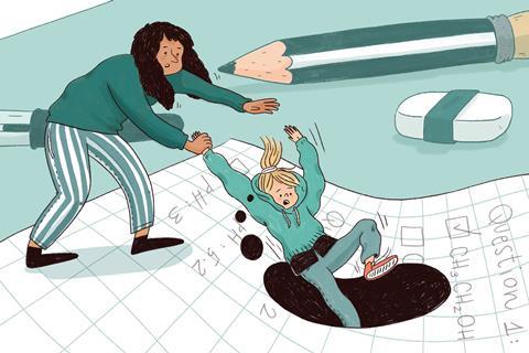 An cartoon of a woman saving a girl who is falling down a hole