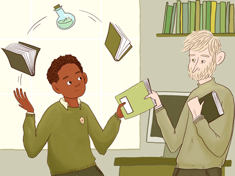 Illustration of male teacher handing an exercise book to a male student; the student is also juggling with two books and a chemical flask that his teacher has previously given him