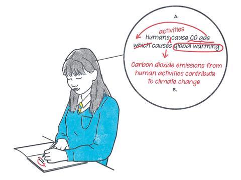 A secondary school student in uniform correcting a sentence she has written about climate change