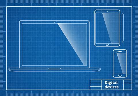 A blue print for a laptop, tablet and stylus and a mobile phone.