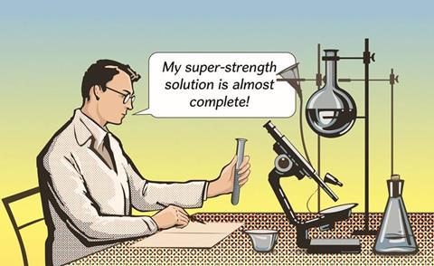 A cartoon scientist working on a super-strength solution