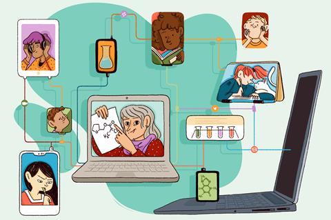 An illustration showing remote teaching, with digital devices, chemistry icons and pupils