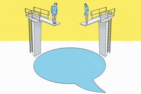 Cartoon of two students on high diving boards look nervously down into a speech bubble shaped pool