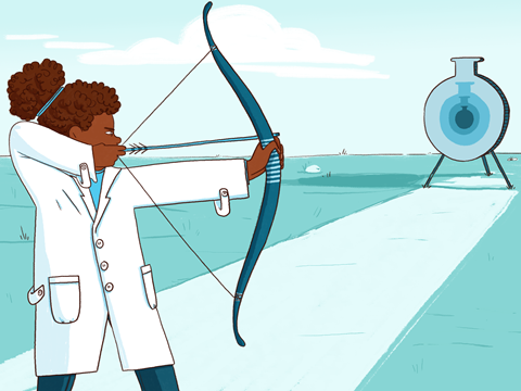 An image showing a female student dressed in a lab coat, holding a bow and aiming her arrow at the centre of a target shaped like a chemical round bottom flask