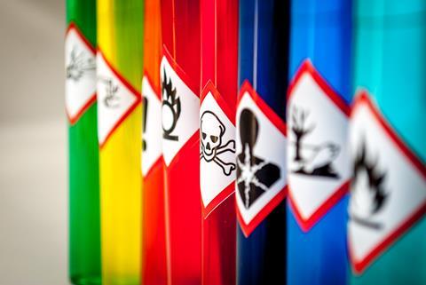 A picture of hazards pictograms on brightly coloured tubes