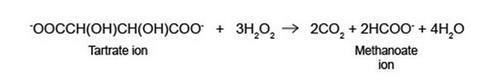A chemical equation representing the oxidation of the tartrate ion by hydrogen peroxide to produce carbon dioxide and the methanoate ion