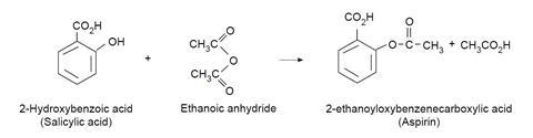 A diagram illustrating the reaction and structures of salicylic acid and ethanoic anhydride to produce aspirin