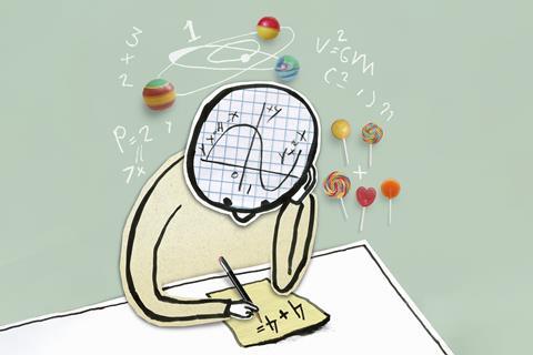An illustration showing a student struggling with a maths problem