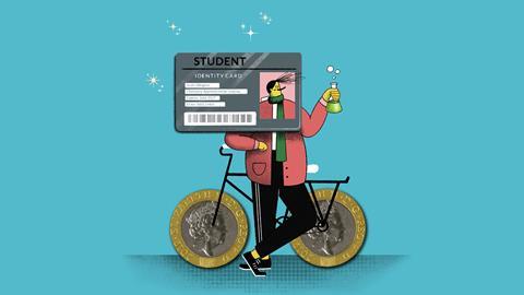 Student with ID card on bike holding a flask