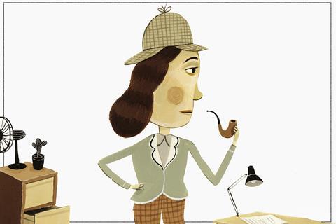 An illustration of a woman dressed as Sherlock homes in an office