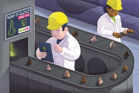 A cartoon of scientists working in a factory making human noses