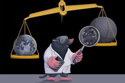 A scientist mole comparing a mole of moles to the mass of the moon