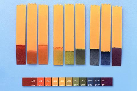 Universal indicator paper strips showing a full rainbow of colours and a comparison strip showing the corresponding pH