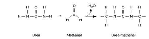 A chemical equation representing the condensation polymerisation reaction that produces urea-methanal