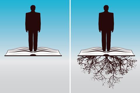 An illustration of a tiny man in a big book that puts down roots