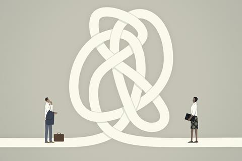 An image showing two characters pondering at a path that tangles in the middle