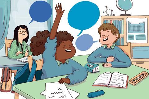 An illustration of students in a classroom discussion