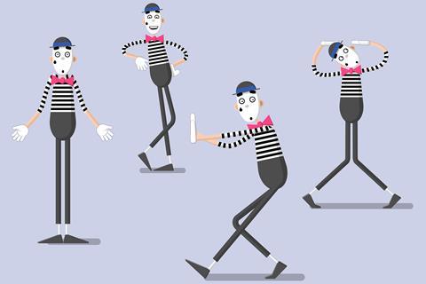A cartoon showing a mime artist miming four different actions
