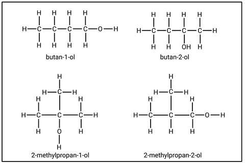 The molecular structure diagrams for butan-1-ol, butan-2-ol, 2-methylpropan-1-ol and 2-methylpropan-2-ol