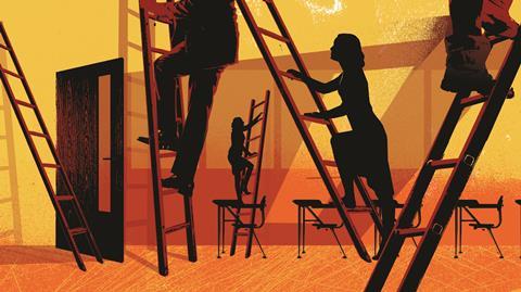 Illustration showing a classroom with four teacher silhouettes navigating their own career ladders