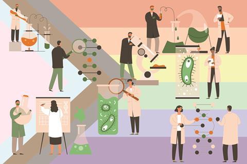 An illustration of scientists at work with oversized equipment on a Progress Pride flag background, to illustrate diversity and inclusion in STEM