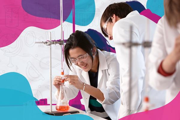 A photograph of students smiling and performing a titration, while wearing white lab coats and safety glasses, is superimposed on a colourful background featuring illustrations of educational equipment