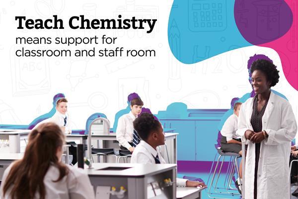 A photograph of a teacher standing in a white lab coat, speaking with a class of children in a laboratory, is superimposed on a colourful background. Text reads "Teach Chemistry means support for classroom and staff room".