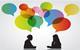 Colourful speech bubbles above two women in conversation in silhouette