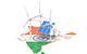 Outline of India in colours of flag with wind turbines and solar panels on top