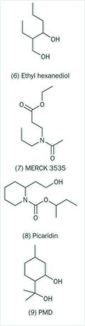 Structures: (6) ethyl hexanediol (7) MERK 3535 (8) Picaridin (9) PMD