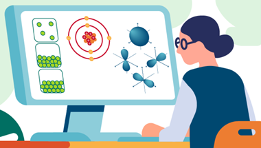 A colourful, abstract illustration of a woman sitting a desk in front of a computer monitor. On the monitor are diagrams of various atomic and particle models.