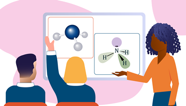 A colourful, abstract illustration of a teacher standing in front of two students, while gesturing towards a board. One student is raising their hand, while on the board there are diagrams of molecular structures.