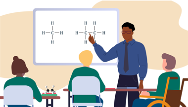 Illustration of a chemistry classroom where an instructor points to structural formulas on a whiteboard while students sit at desks, with a molecular model displayed on a table in the foreground.