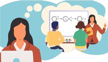 Illustration of a person using a laptop while imagining a chemistry lesson, showing an instructor teaching reaction mechanisms on a whiteboard to two students seated at a classroom table.