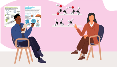 Illustration of two people seated in discussion in a chemistry learning environment, with molecular models displayed on wall shelves and polymer chemistry posters in the background, while one person takes notes on a clipboard.