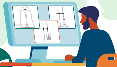 A colourful, abstract illustration of a man sitting a desk in front of a computer monitor. On the monitor are diagrams of various apparatus, such as a Bunsen burner and burette.